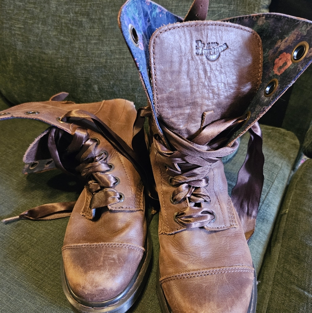 Dr. Martens Tan Leather Boots with Floral Lining